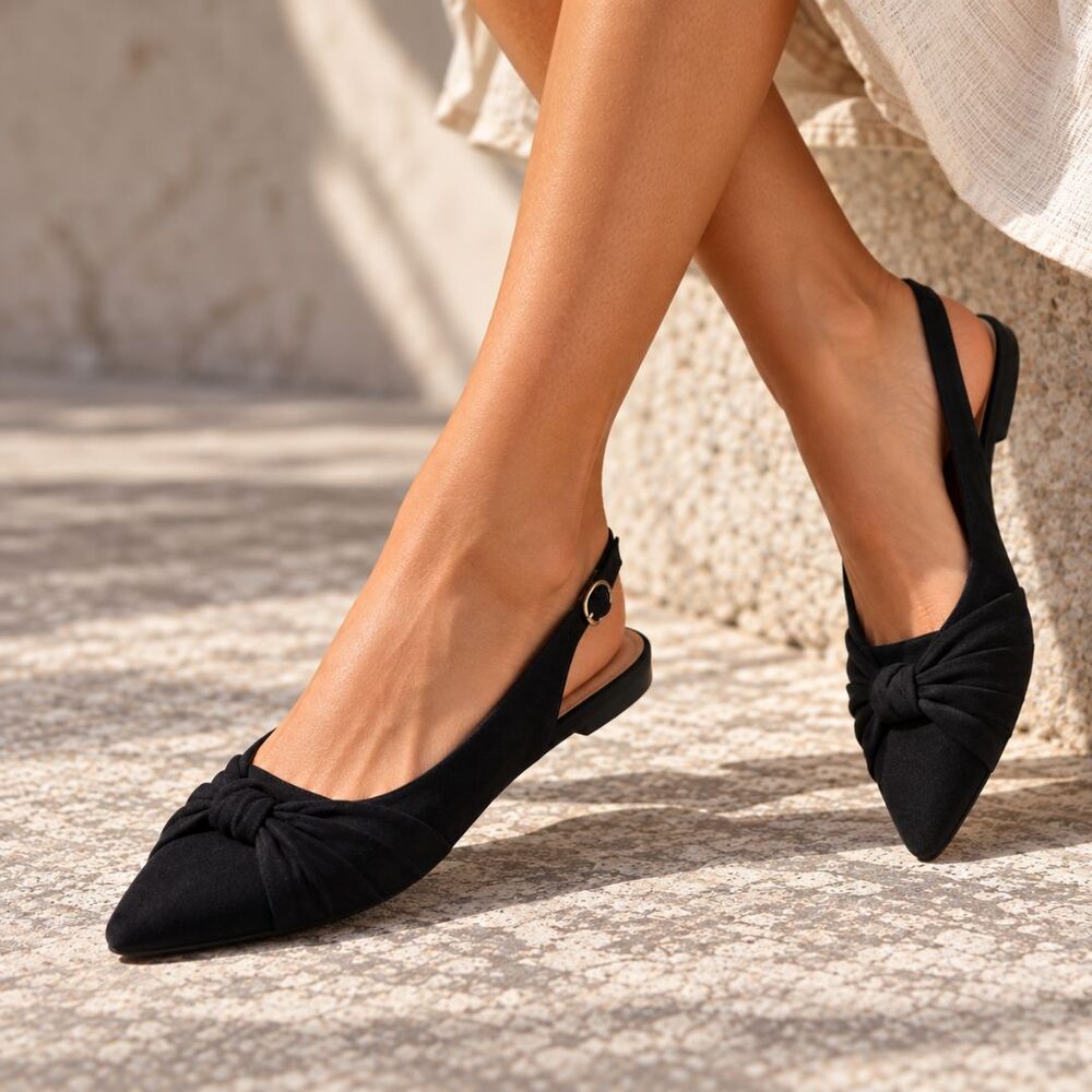 J Jill Black Suede Slingback Flats Womens 8.5 NWOB Pointed Toe Knot Ballet Shoes